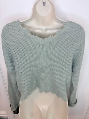 Moon & Madison Waffle Knit Crop Sweater Sage Green Distressed Hem Size M thumbnail 8