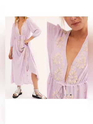 FREE PEOPLE Fable Lilac Blossom Embroidered Boho Gypsy Peasant Maxi Dress Large thumbnail 2
