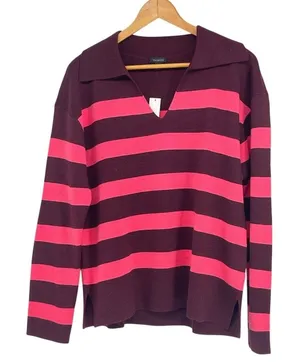 Talbots‎ Large Pink Burgundy Rugby Striped Wool Blend V-Neck Polo Sweater NWT thumbnail 1