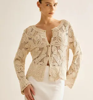 Commense Hollow Button Plisse Cardigan size large Tan thumbnail 2