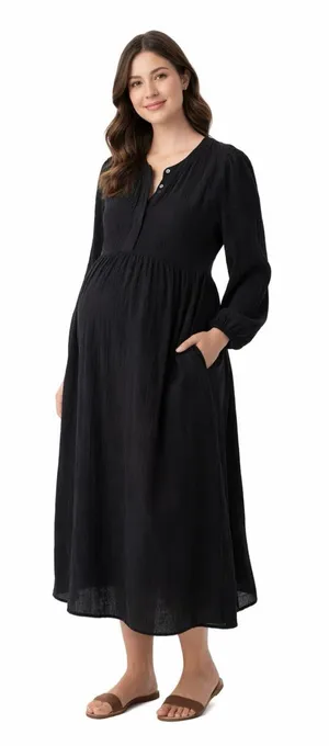Frances Hart Black Gauze Maternity Midi Dress Long Sleeve Pockets XS thumbnail 1