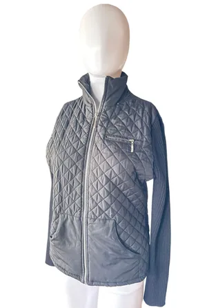 San Joy USA Black Quilted Zip Jacket Women’s Medium Knit Sleeves thumbnail 1