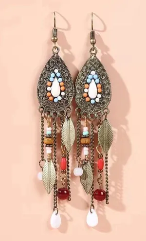 Boho Vintage Style Beaded Fringe Dangle Chain Feather Earrings *Faux Fashion Je thumbnail 4