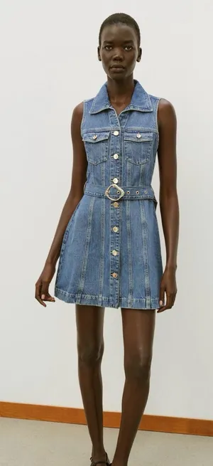 Zara Sleeveless Denim Button-Front Mini Dress in Blue with Belt thumbnail 1