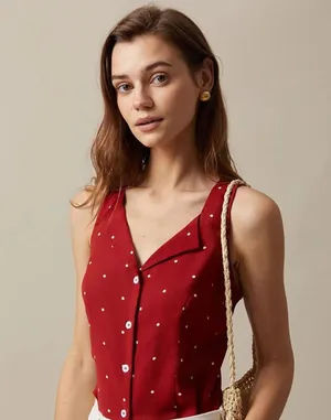 RIHOAS The Red V Neck Polka Dot Print Sleeveless Vest S thumbnail 1