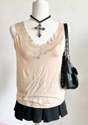 Vanity Fair Beige‎ Lace Trim Tank Top, Y2K Coquette Vintage Western Boho, XL thumbnail 1
