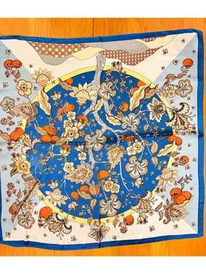 Elegant Blue Scarf with Orange and Beige Floral Pattern, Versatile Square thumbnail 3