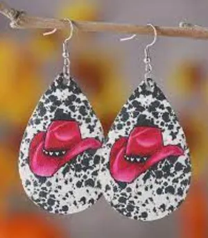 Boho SouthWestern Faux Leather Pink Cowboy Hat Milk Pattern Earrings thumbnail 1