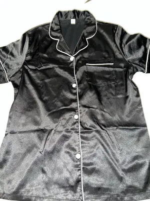 Women's Satin look/ feel Pajama Set - Black with White Piping thumbnail 10