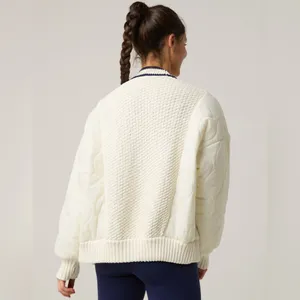Offline by Aerie Quilted Knit Cardigan Puffer Cream Navy Oversized Sweater Cozy thumbnail 3