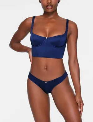 Skims Stretch Satin Corset in Neptune thumbnail 1