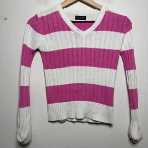 VTG Y2K Faded Glory Women Preppy Sweater XS Pink White Striped Cable Knit thumbnail 1