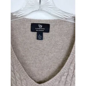 Heather Brown Cashmere Cable Knit V-Neck Sweater Taupe Lands' End L 14-16 thumbnail 3