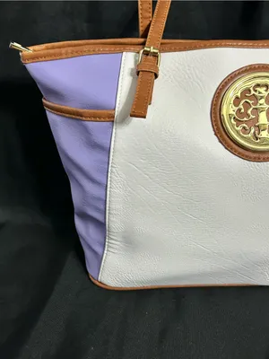 Women’s White & Lavender Tote Bag with Brown Trim & Gold Accent NWT thumbnail 4