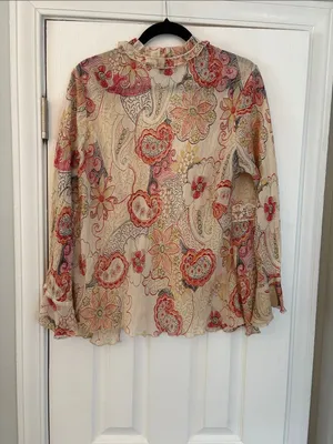 Piano Sheer Floral Paisley Tie Front Blouse Cream Coral Lace Trim Ruffle Size L thumbnail 6