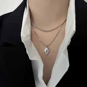 Layered Snake Chain Geometric Rhombus Cross Pendant Necklace for Men Women thumbnail 4