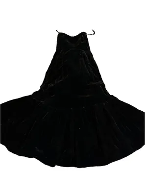 Vintage 1980'S Black Velvet Strapless Mermaid Dress W/Gold Lace Train (M) thumbnail 9