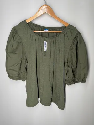 NEW Old Navy Boho Cottagecore Cotton Puff Sleeve Peasant‎ Blouse Olive Green XL thumbnail 3