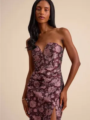 Lulu's Plum Strapless Floral Jacquard Gown with Side Slit thumbnail 2