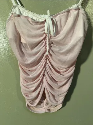 Women's Ruched Corset Cami Tank Top Light Pink White Semi-Sheer Sweetheart Neck thumbnail 5