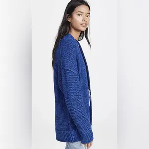 Free People High Hopes Chunky Knit Open‎ Front Cardigan in Blue Combo Size Large thumbnail 6