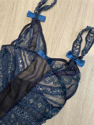 Sheer Navy Lace Maxi Chemise with Bow Accents thumbnail 2