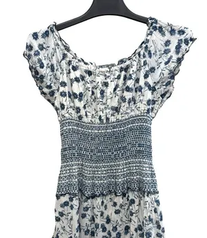 Mixed floral print boho smocked shirred midi maxi patchwork navy white dress thumbnail 10