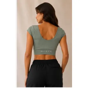 NVGTN Womens Seamless Short Sleeve Crop Top Sage‎ Green Medium Scoop Neck Active thumbnail 2