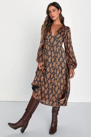 Lulus Graceful Impression Black and Orange Floral Print Midi Dress Satin S NWT thumbnail 1