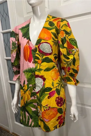 Farm Rio 100% Cotton Tropical Fruit Print V-Neck Mini Dress - Pink Yellow Sz XS thumbnail 1