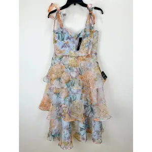 Lulus Playfully Posh Blue Floral Organza Tie-Strap Tiered Midi Dress Medium NWT thumbnail 5