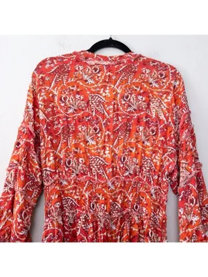 IRO Rhodey Frayed Ruffle Trim Crepe Playsuit 44 Red Romper Floral 12 Loose Fit thumbnail 12