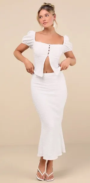 New Lulus Esma White Textured Knit Puff Sleeve Two-Piece‎ Midi Dress Sz Small thumbnail 1