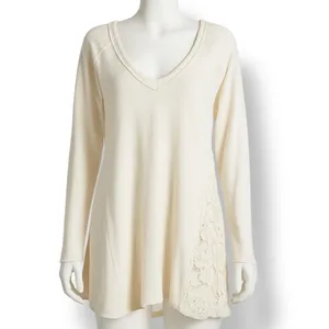 Free People No Frills Pullover Top Cream Lace Insert Vneck Sweatshirt‎ Small thumbnail 2