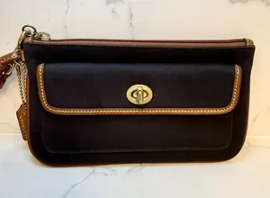 Vintage Coach Black Fabric & Tan Leather Turn-lock Wristlet Pouch thumbnail 1