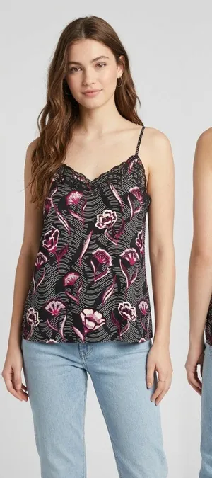 Daniel Rainn Anthropologie Floral Eyelet Cami Tank Top Black Pink Size Small S thumbnail 1