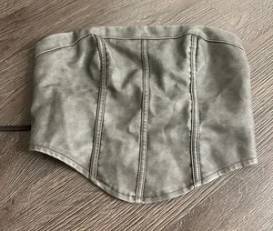 SHEIN Grey Strapless Faux-Leather Corset Crop Top thumbnail 1