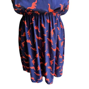 Peach Love California Dinosaur Print Dress Small Navy Orange Puff Sleeve Mini thumbnail 8