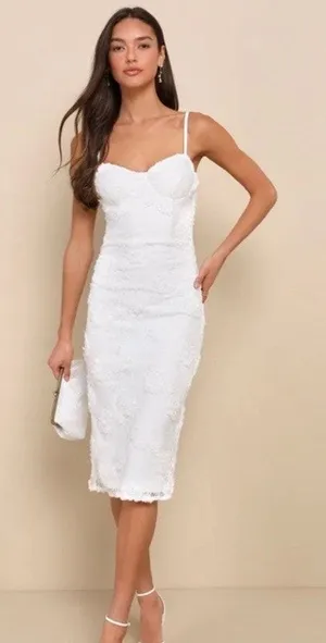 Lulus White Romantic Lace Textured Bodycon Midi Dress Sz.S NWT thumbnail 1