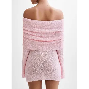 Meshki Marisol Off Shoulder Boucle Mini Dress Baby Pink XS Bell Sleeve New thumbnail 2