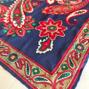 Vintage Gilded Crepe de Chine Blue Paisley Floral Silk Square Scarf Neckerchief thumbnail 6