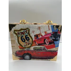 Far nine Vintage Style Route 66 Cigar Box Purse Bamboo Handle Americana Clutch thumbnail 2