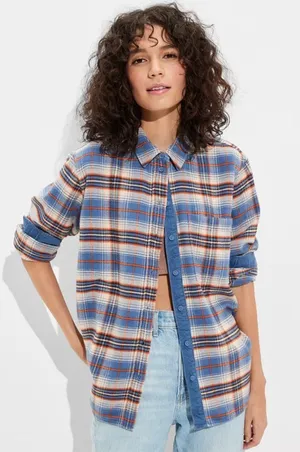 AE Sz L Oversized Striped Button-Up Flannel Shirt Chest Pocket thumbnail 1