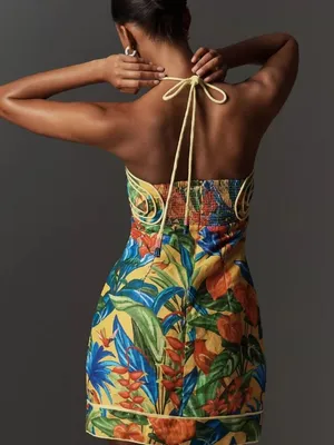 NWOT Farm Rio Bright Nature Linen Halter Mini Dress Size XS thumbnail 3