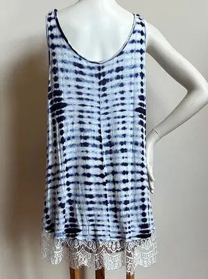 Tie dye Blue and White Relaxed Fit Tank Top with Asymmetrical lace Hem thumbnail 4