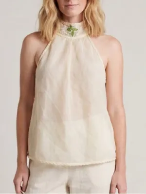 vintage Y2k Max Studio halter mock neck top cream sheer overlay Linen Resortwear thumbnail 3