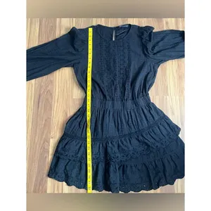 Zara Black Eyelet Embroidered Mini Dress Long Sleeve Tiered Lace LBD - Size M thumbnail 8