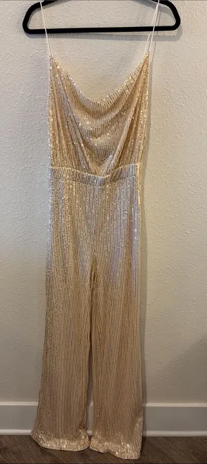 NWT SHEIN Champagne Sequin Cowl-Neck Jumpsuit thumbnail 1