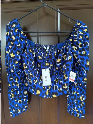 NWT RAHI Chloe Puff Shoulder Blue Animal Print Crop Top Size XS thumbnail 4
