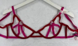 Victoria's Secret‎ Very Sexy Low Cut Demi Bra Red Pink Heart Strappy Satin Large thumbnail 1